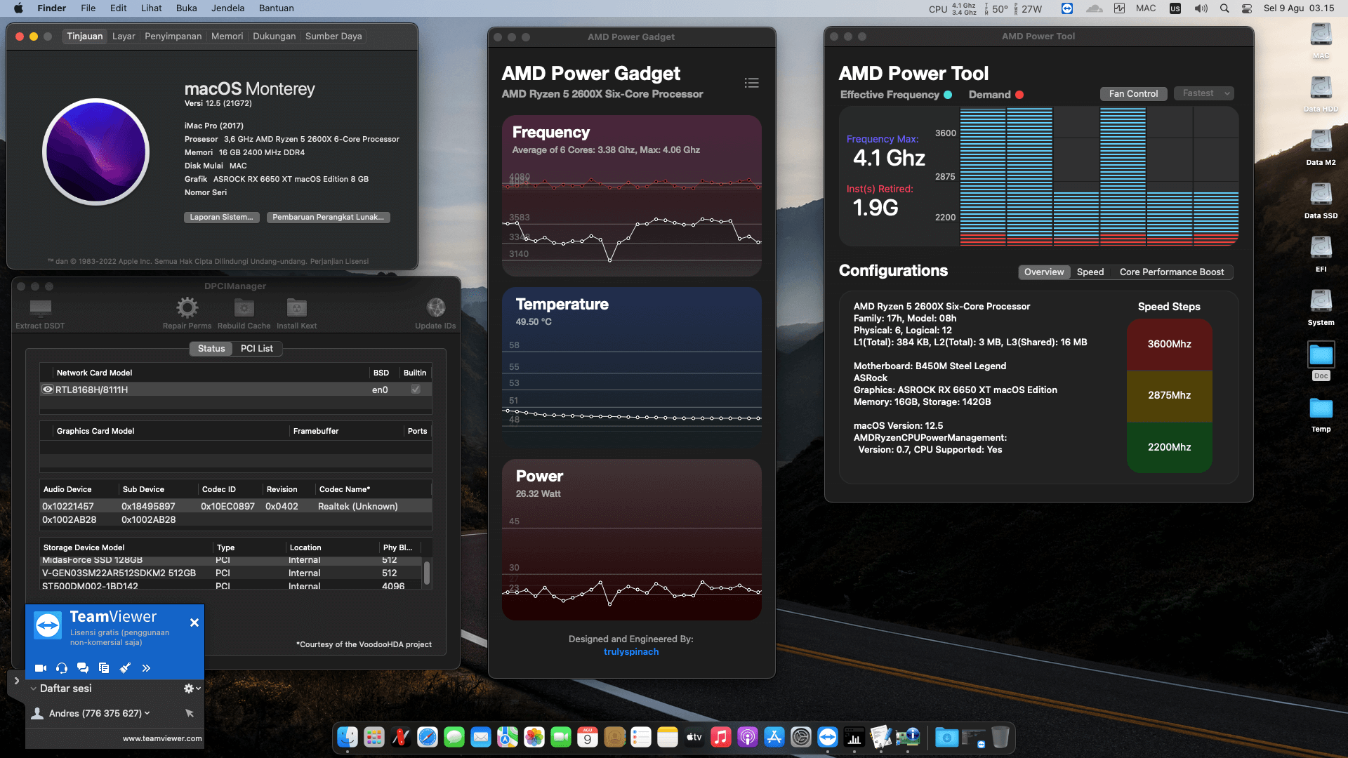 Success Hackintosh macOS Monterey 12.5 Beta Build 21G72 in Asrock B450M Steel Legend + AMD Ryzen 5 2600X + Asrock RX 6650 XT